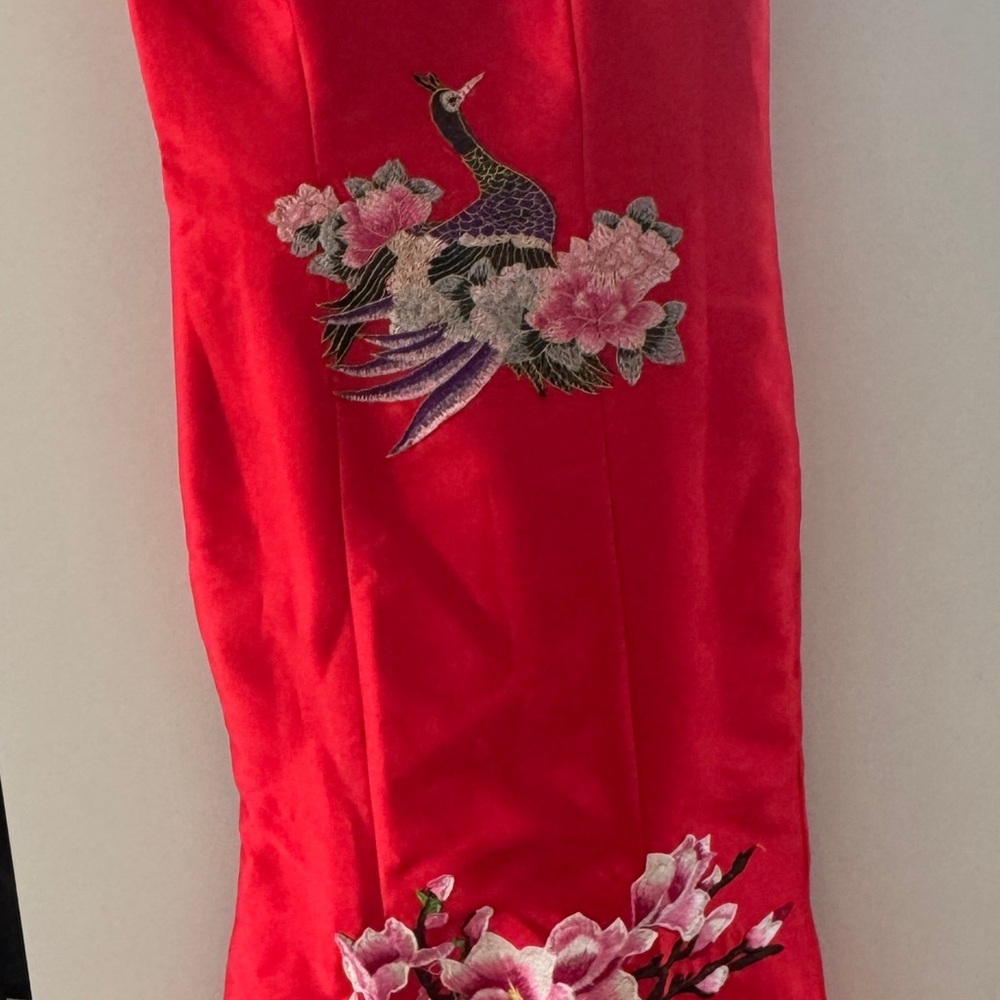Red Embroidered Dress with Floral and Bird Modern Cheongsam/Qipao